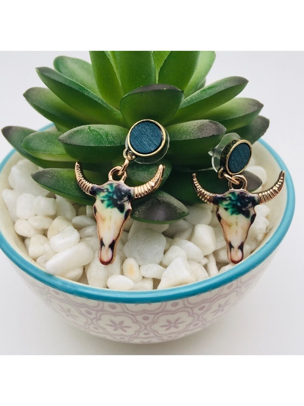 Gold Dipped Floral Longhorn Skull Earrings